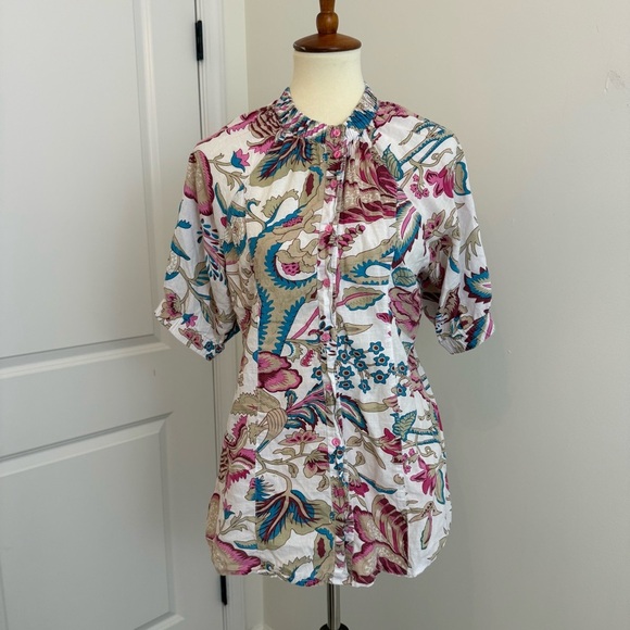 Lola Australia Top Womens M Cotton Button Down Floral Blouse Ruffle Shirt - Picture 2 of 11